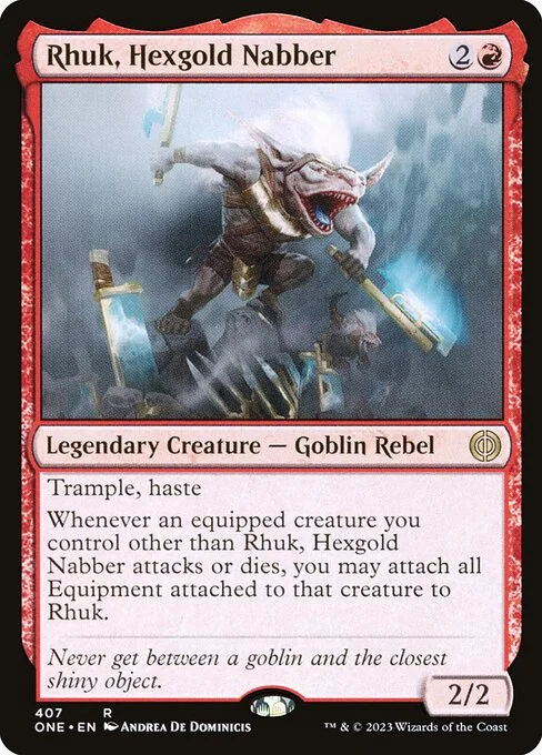 Rhuk, Hexgold Nabber, carta Magic di tipo Legendary Creature — Goblin Rebel illustrata da Andrea De Dominicis