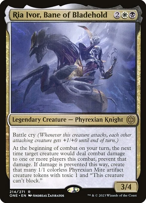 Ria Ivor, Bane of Bladehold, carta Magic di tipo Legendary Creature — Phyrexian Knight illustrata da Andreas Zafiratos