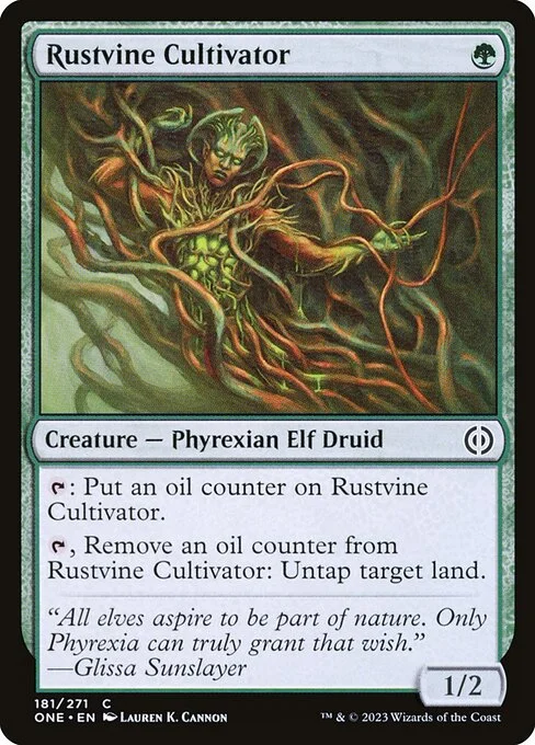 Rustvine Cultivator, carta Magic di tipo Creature — Phyrexian Elf Druid illustrata da Lauren K. Cannon