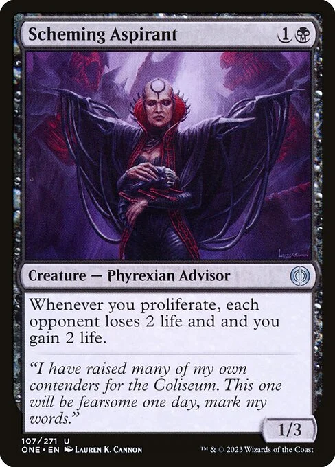 Scheming Aspirant, carta Magic di tipo Creature — Phyrexian Advisor illustrata da Lauren K. Cannon