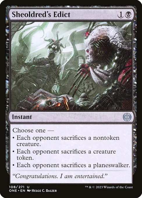 Sheoldred's Edict, carta Magic di tipo Instant illustrata da Helge C. Balzer