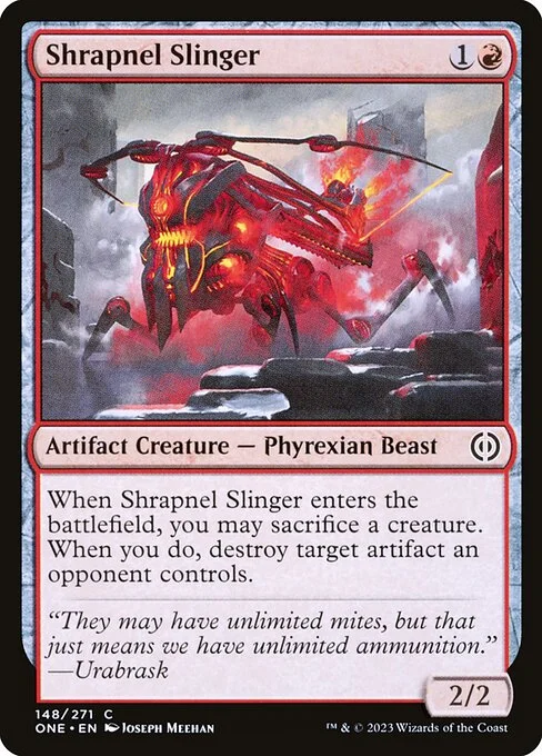 Shrapnel Slinger, carta Magic di tipo Artifact Creature — Phyrexian Beast illustrata da Joseph Meehan