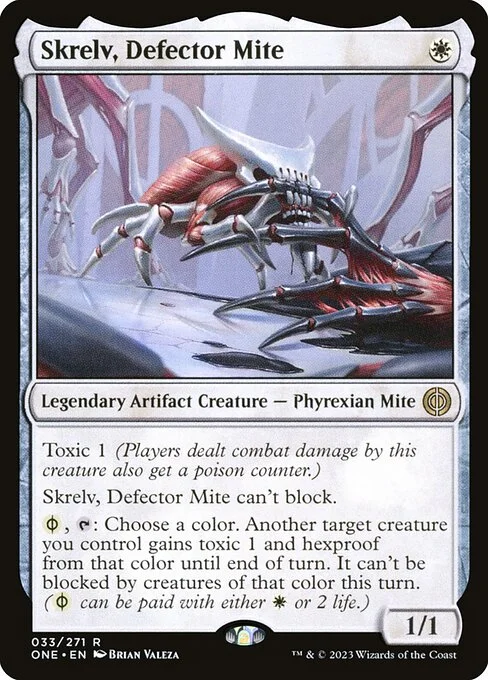 Skrelv, Defector Mite, carta Magic di tipo Legendary Artifact Creature — Phyrexian Mite illustrata da Brian Valeza