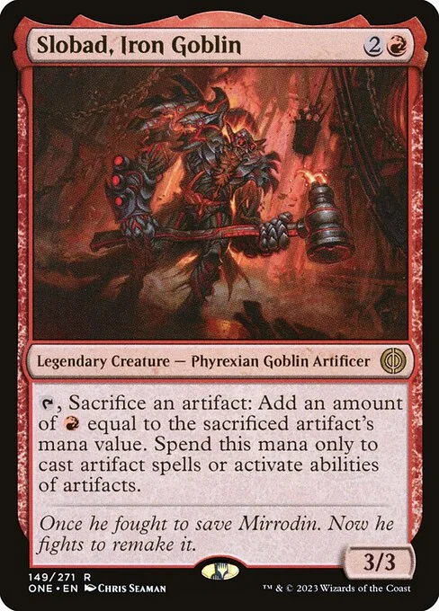 Slobad, Iron Goblin, carta Magic di tipo Legendary Creature — Phyrexian Goblin Artificer illustrata da Chris Seaman