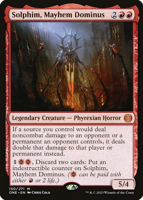 Solphim, Mayhem Dominus, carta Magic di tipo Legendary Creature — Phyrexian Horror illustrata da Chris Cold