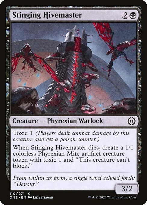 Stinging Hivemaster, carta Magic di tipo Creature — Phyrexian Warlock illustrata da Lie Setiawan