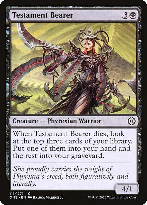 Testament Bearer, carta Magic di tipo Creature — Phyrexian Warrior illustrata da Raluca Marinescu