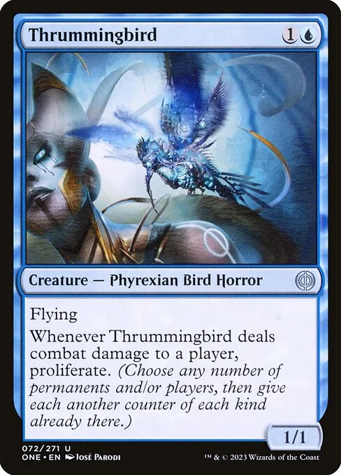 Thrummingbird, carta Magic di tipo Creature — Phyrexian Bird Horror illustrata da José Parodi