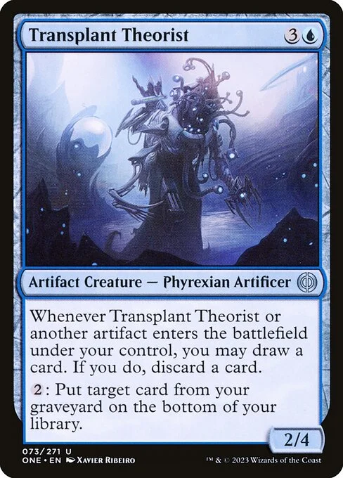Transplant Theorist, carta Magic di tipo Artifact Creature — Phyrexian Artificer illustrata da Xavier Ribeiro