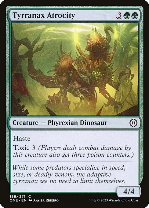 Tyrranax Atrocity, carta Magic di tipo Creature — Phyrexian Dinosaur illustrata da Xavier Ribeiro