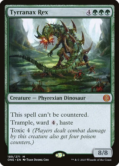Tyrranax Rex, carta Magic di tipo Creature — Phyrexian Dinosaur illustrata da Tuan Duong Chu