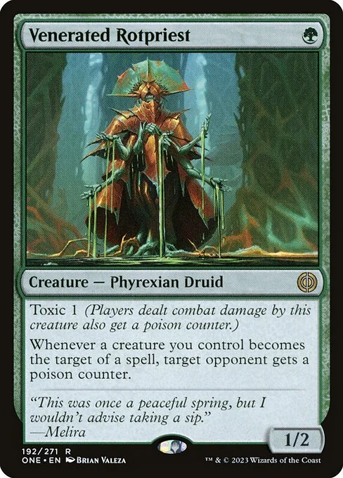 Venerated Rotpriest, carta Magic di tipo Creature — Phyrexian Druid illustrata da Brian Valeza