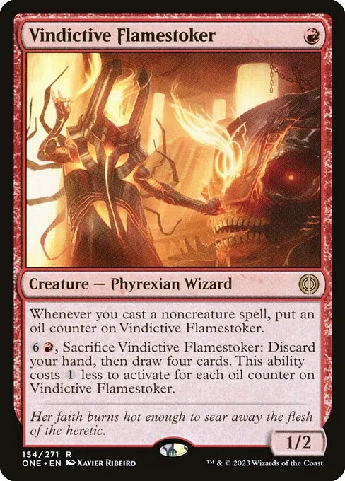Vindictive Flamestoker, carta Magic di tipo Creature — Phyrexian Wizard illustrata da Xavier Ribeiro
