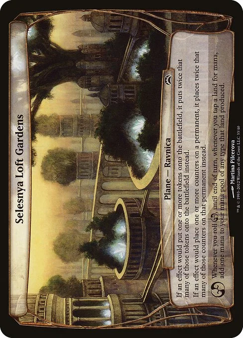 Selesnya Loft Gardens, carta Magic di tipo Plane — Ravnica illustrata da Martina Pilcerova