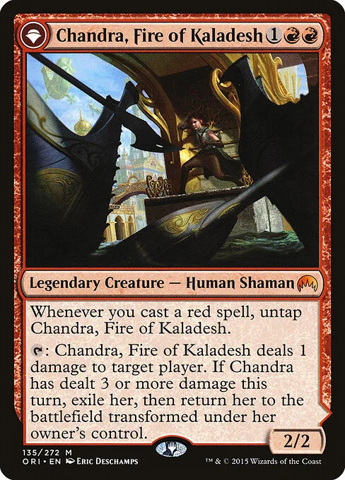Chandra, Fire of Kaladesh // Chandra, Roaring Flame, carta Magic di tipo Legendary Creature — Human Shaman // Legendary Planeswalker — Chandra illustrata da Eric Deschamps