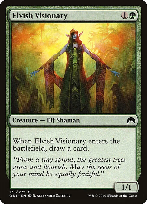 Elvish Visionary, carta Magic di tipo Creature — Elf Shaman illustrata da D. Alexander Gregory