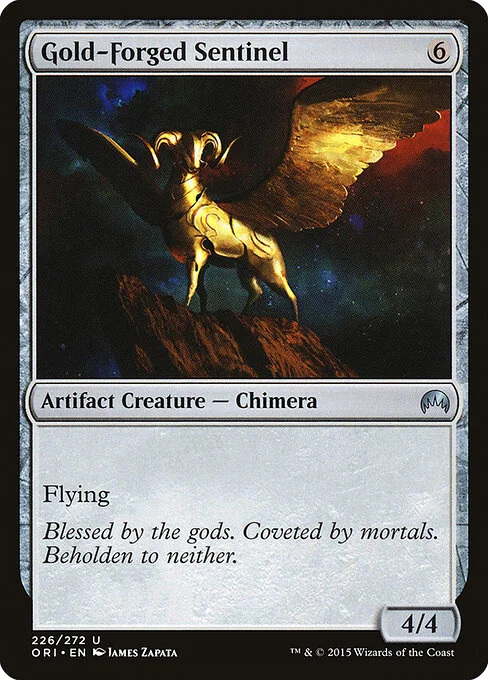 Gold-Forged Sentinel, carta Magic di tipo Artifact Creature — Chimera illustrata da James Zapata