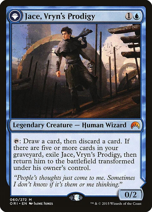 Jace, Vryn's Prodigy // Jace, Telepath Unbound, carta Magic di tipo Legendary Creature — Human Wizard // Legendary Planeswalker — Jace illustrata da Jaime Jones