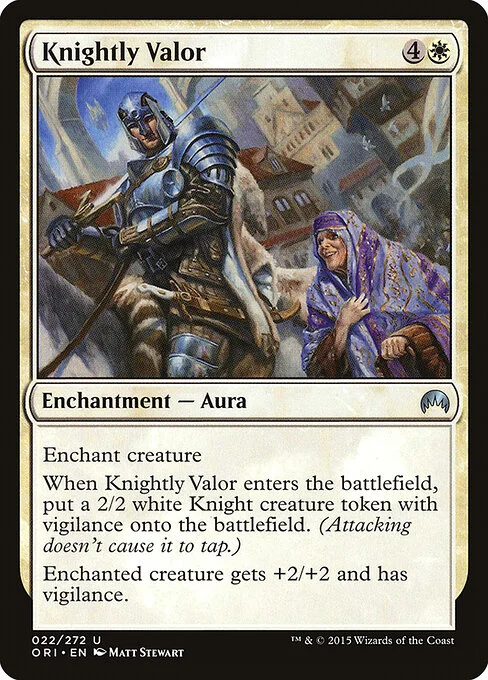 Knightly Valor, carta Magic di tipo Enchantment — Aura illustrata da Matt Stewart