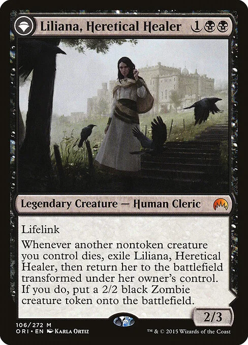 Liliana, Heretical Healer // Liliana, Defiant Necromancer, carta Magic di tipo Legendary Creature — Human Cleric // Legendary Planeswalker — Liliana illustrata da Karla Ortiz