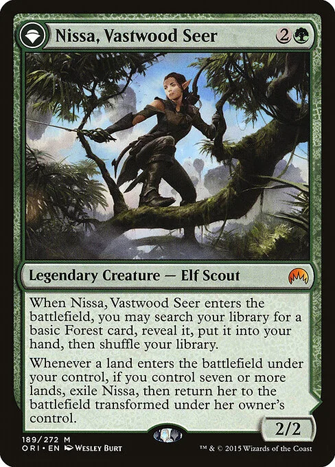 Nissa, Vastwood Seer // Nissa, Sage Animist, carta Magic di tipo Legendary Creature — Elf Scout // Legendary Planeswalker — Nissa illustrata da Wesley Burt