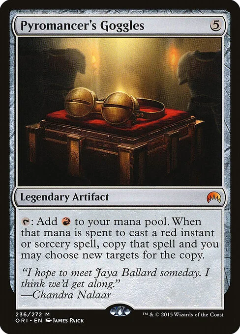Pyromancer's Goggles, carta Magic di tipo Legendary Artifact illustrata da James Paick