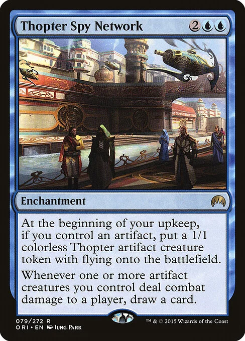 Thopter Spy Network, carta Magic di tipo Enchantment illustrata da Jung Park