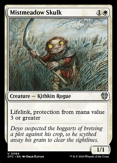 Mistmeadow Skulk, carta Magic di tipo Creature — Kithkin Rogue illustrata da Omar Rayyan