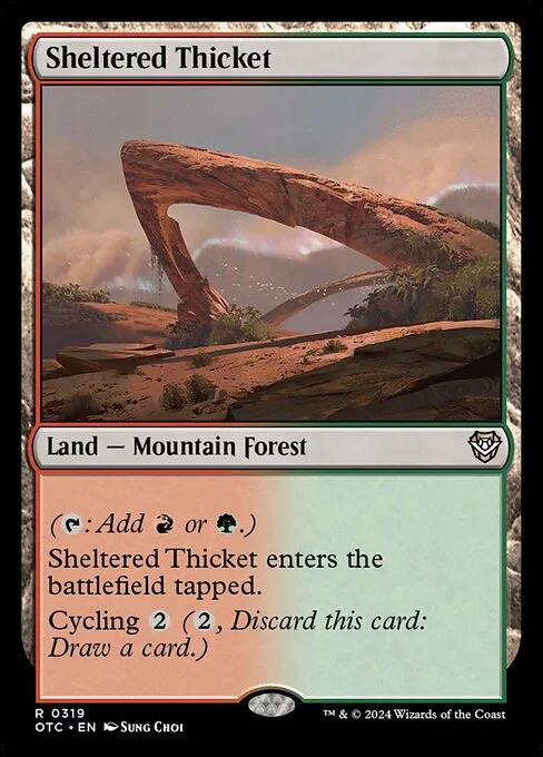 Sheltered Thicket, carta Magic di tipo Land — Mountain Forest illustrata da Sung Choi