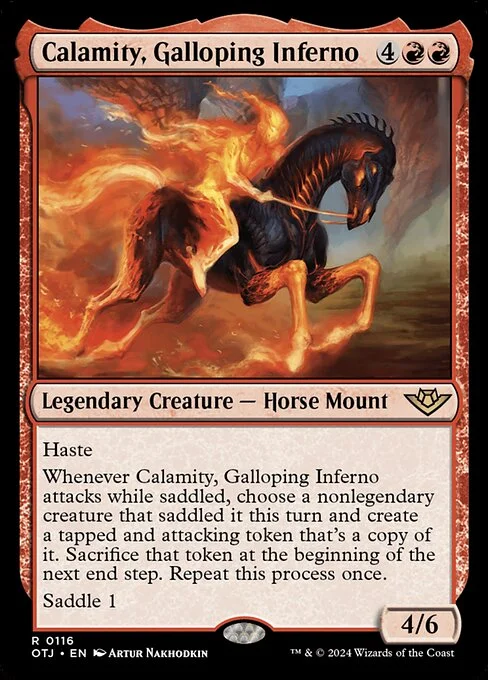 Calamity, Galloping Inferno, carta Magic di tipo Legendary Creature — Horse Mount illustrata da Artur Nakhodkin