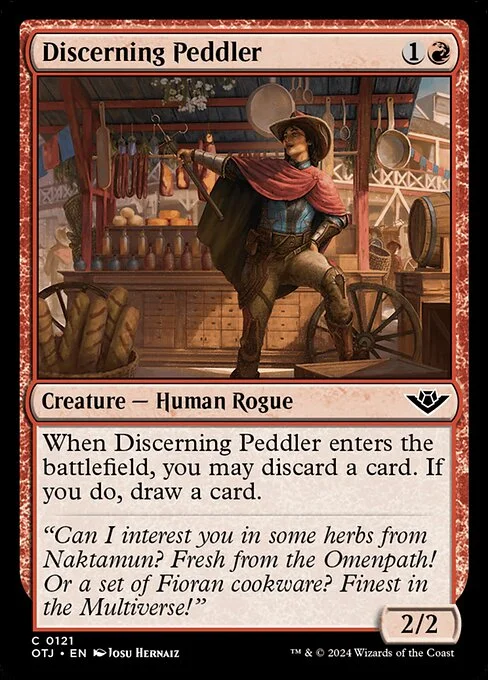 Discerning Peddler, carta Magic di tipo Creature — Human Rogue illustrata da Josu Hernaiz