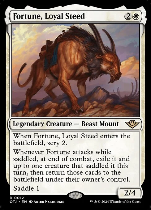 Fortune, Loyal Steed, carta Magic di tipo Legendary Creature — Beast Mount illustrata da Artur Nakhodkin