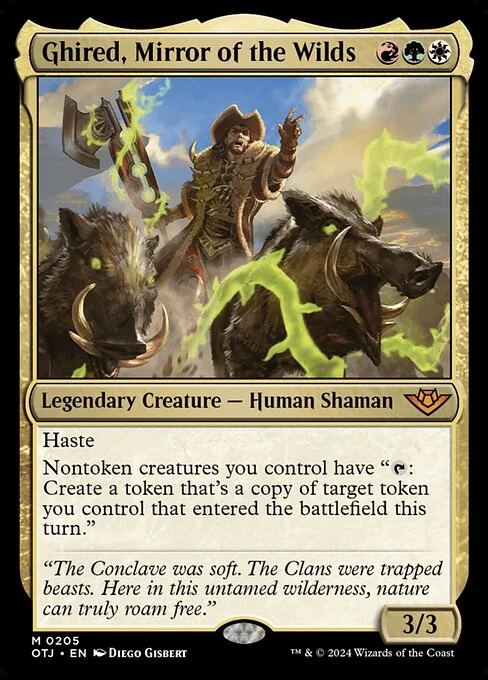 Ghired, Mirror of the Wilds, carta Magic di tipo Legendary Creature — Human Shaman illustrata da Diego Gisbert