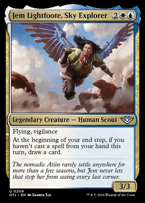 Jem Lightfoote, Sky Explorer, carta Magic di tipo Legendary Creature — Human Scout illustrata da Darren Tan