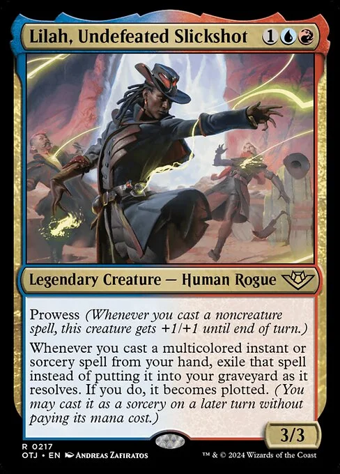 Lilah, Undefeated Slickshot, carta Magic di tipo Legendary Creature — Human Rogue illustrata da Andreas Zafiratos