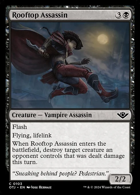 Rooftop Assassin, carta Magic di tipo Creature — Vampire Assassin illustrata da Josu Hernaiz