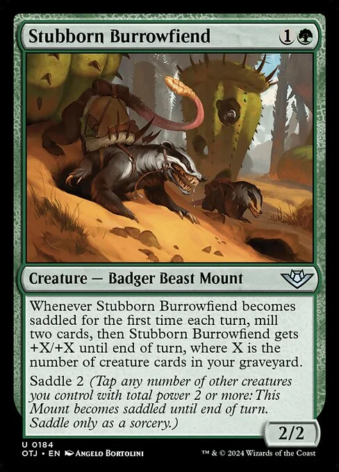 Stubborn Burrowfiend, carta Magic di tipo Creature — Badger Beast Mount illustrata da Ângelo Bortolini
