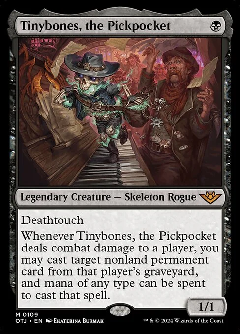 Tinybones, the Pickpocket, carta Magic di tipo Legendary Creature — Skeleton Rogue illustrata da Ekaterina Burmak