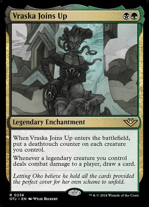 Vraska Joins Up, carta Magic di tipo Legendary Enchantment illustrata da Wylie Beckert