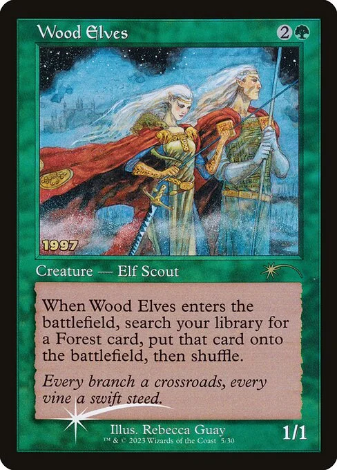 Wood Elves, carta Magic di tipo Creature — Elf Scout illustrata da Rebecca Guay