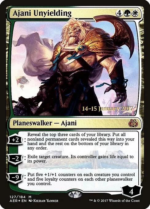 Ajani Unyielding, carta Magic di tipo Legendary Planeswalker — Ajani illustrata da Kieran Yanner