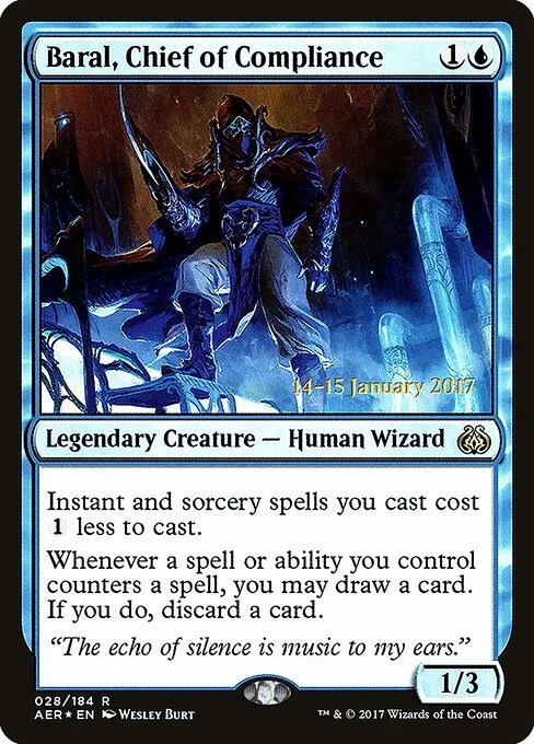 Baral, Chief of Compliance, carta Magic di tipo Legendary Creature — Human Wizard illustrata da Wesley Burt