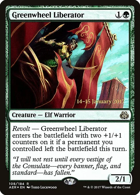 Greenwheel Liberator, carta Magic di tipo Creature — Elf Warrior illustrata da Todd Lockwood