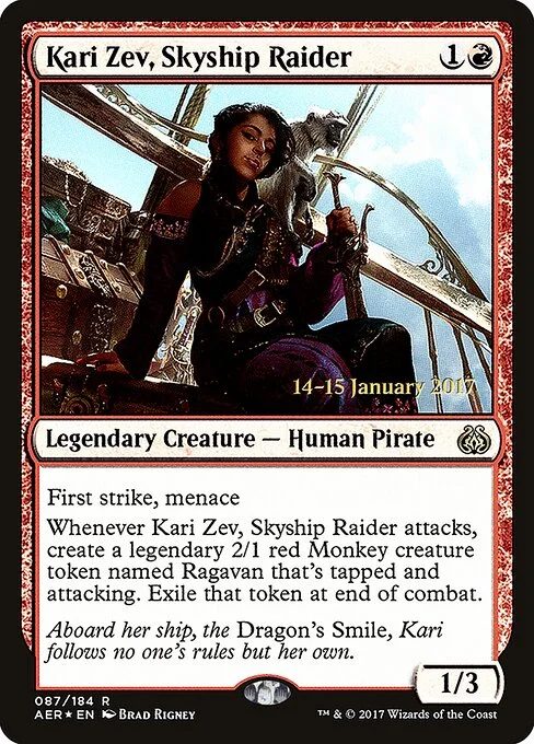 Kari Zev, Skyship Raider, carta Magic di tipo Legendary Creature — Human Pirate illustrata da Brad Rigney