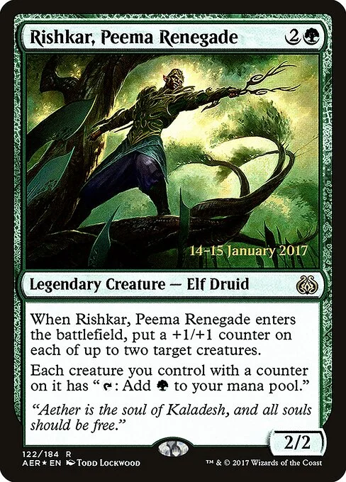 Rishkar, Peema Renegade, carta Magic di tipo Legendary Creature — Elf Druid illustrata da Todd Lockwood