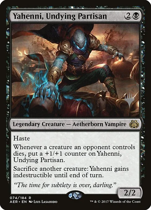 Yahenni, Undying Partisan, carta Magic di tipo Legendary Creature — Aetherborn Vampire illustrata da Lius Lasahido