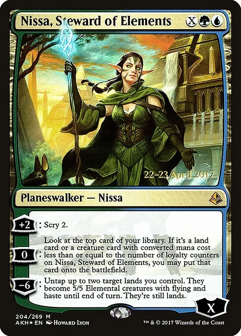 Nissa, Steward of Elements, carta Magic di tipo Legendary Planeswalker — Nissa illustrata da Howard Lyon