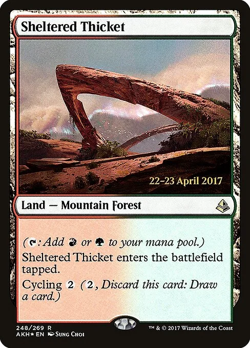 Sheltered Thicket, carta Magic di tipo Land — Mountain Forest illustrata da Sung Choi