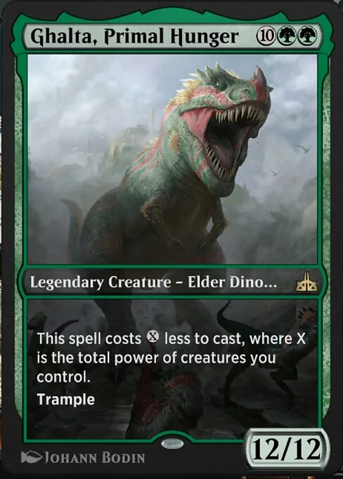 Ghalta, Primal Hunger, carta Magic di tipo Legendary Creature — Elder Dinosaur illustrata da Johann Bodin