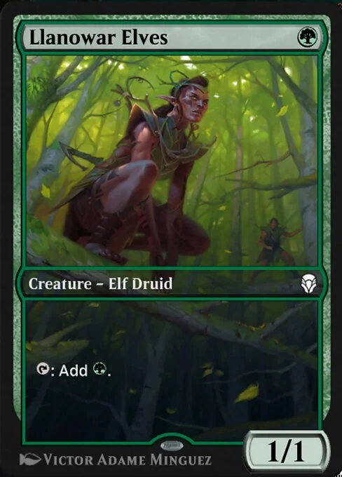 Llanowar Elves, carta Magic di tipo Creature — Elf Druid illustrata da Victor Adame Minguez